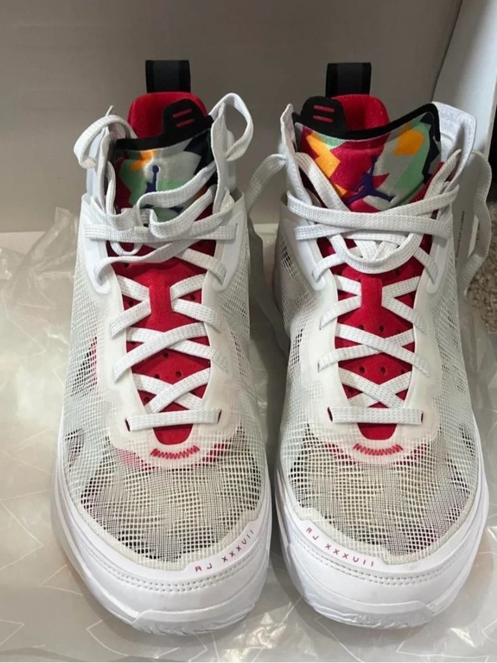 Jordan White and Red Sneakers with Multicolor Tongue